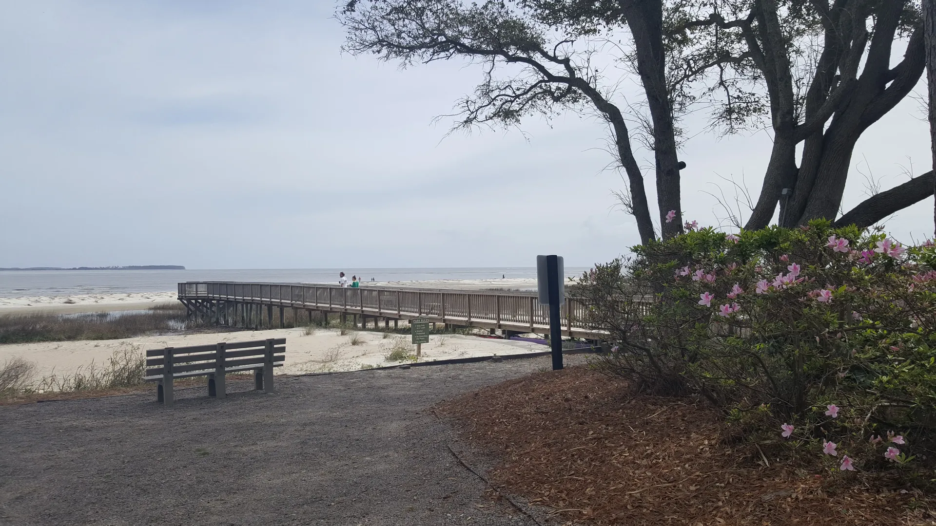 Wooden boardwalk leading to the natural beach on Port Royal Sound