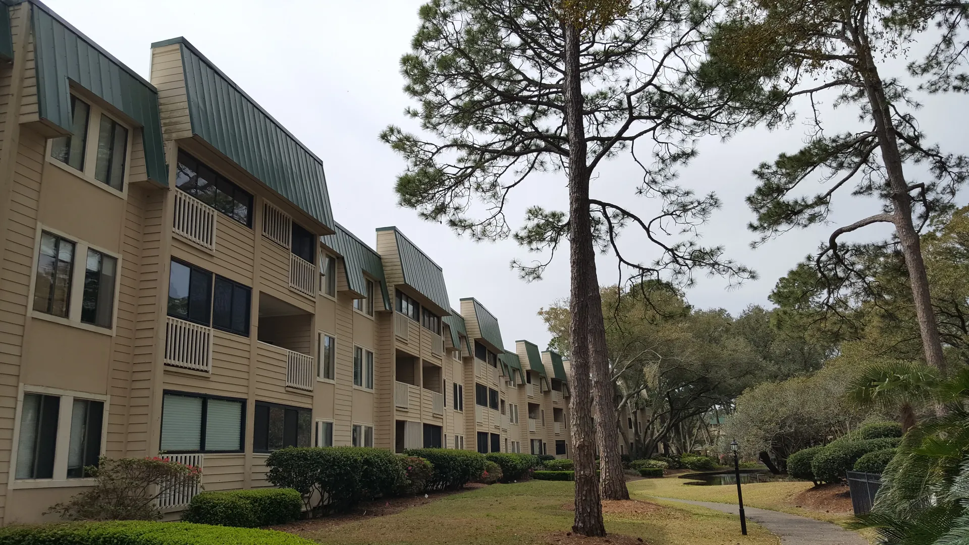 Condo building exterior with green metal roofs under pine trees
