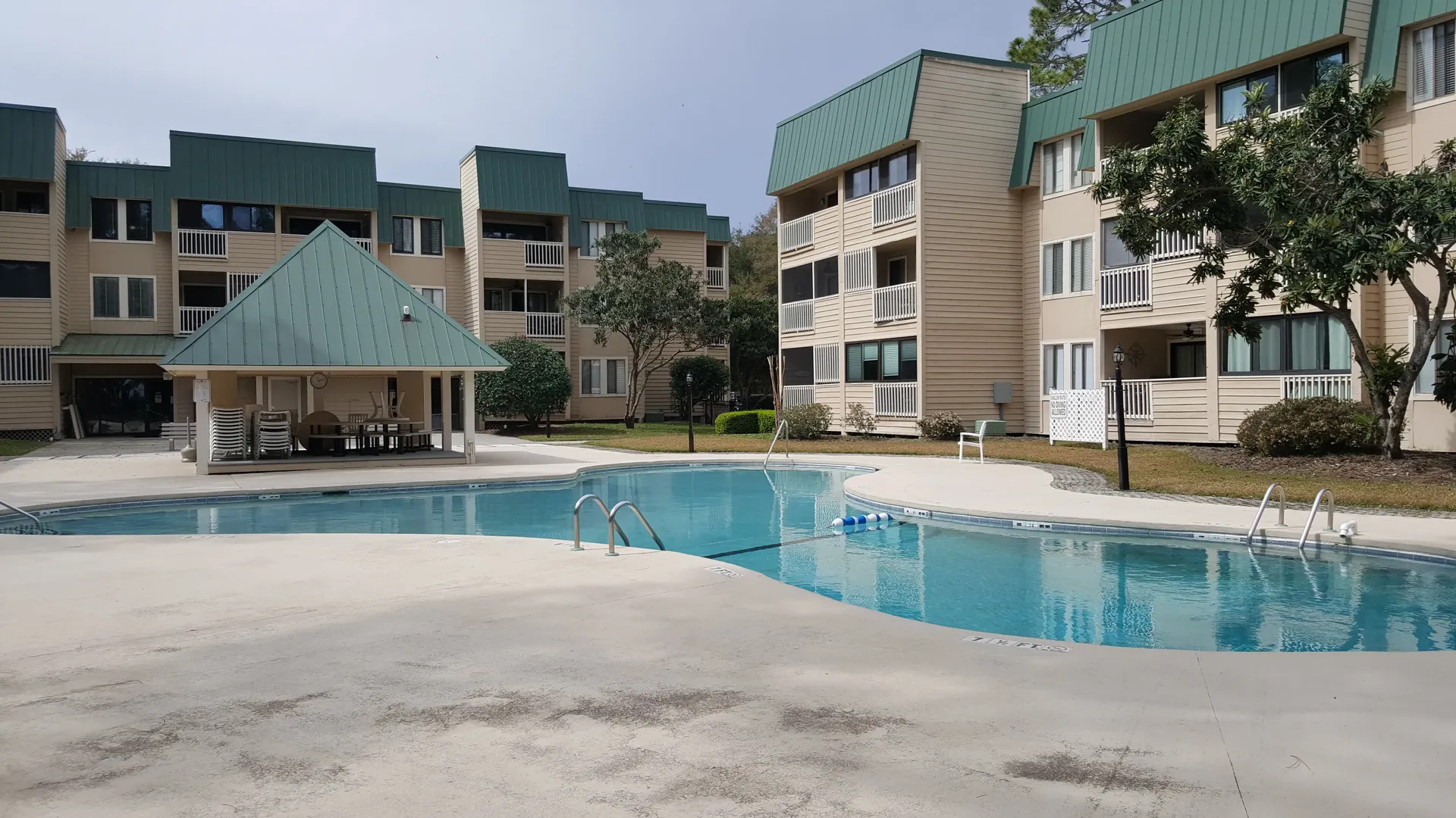 Outdoor pool with hot tub surrounded by live oaks